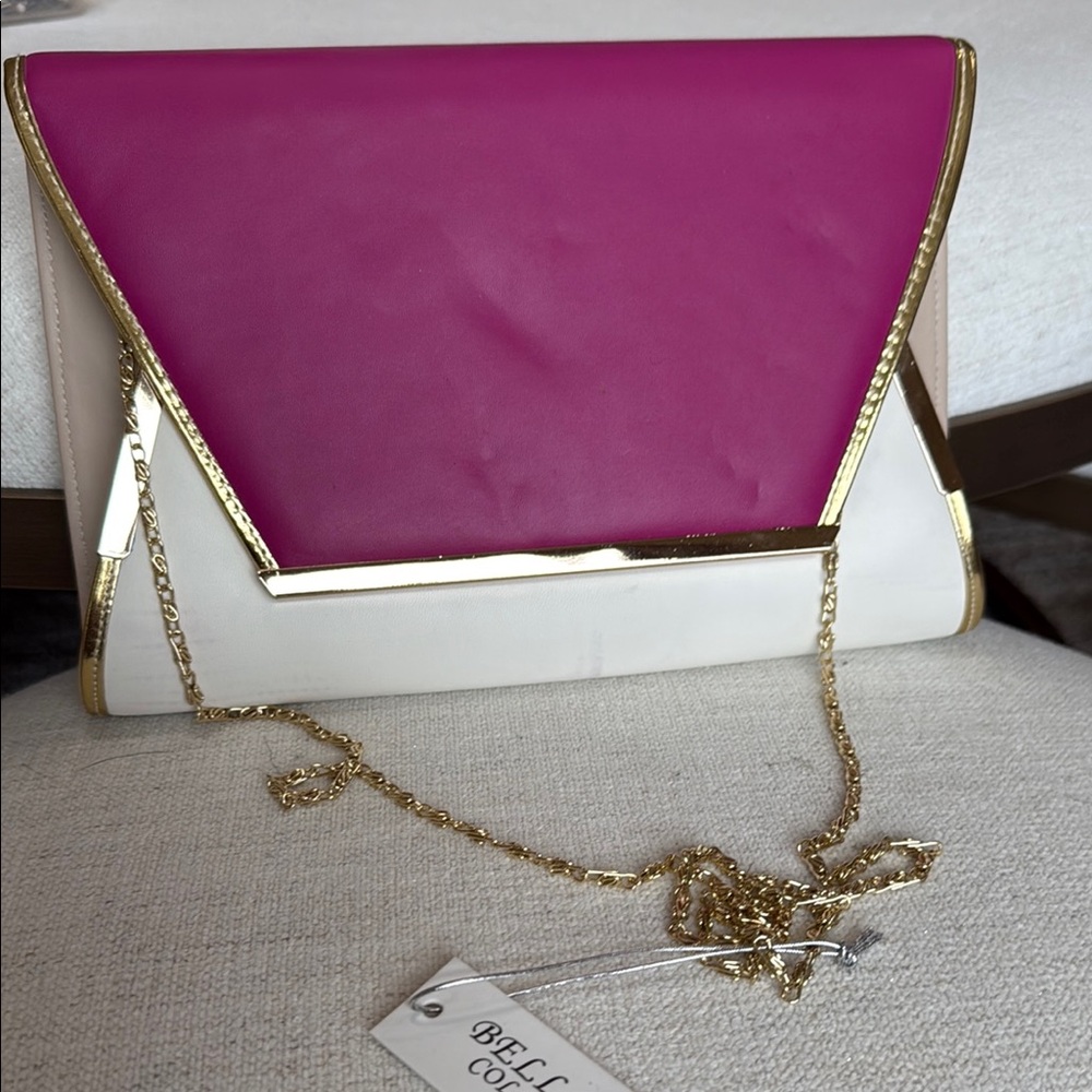 Sleek Fuschia and White Crossbody Bag with Gold Chain and Accents